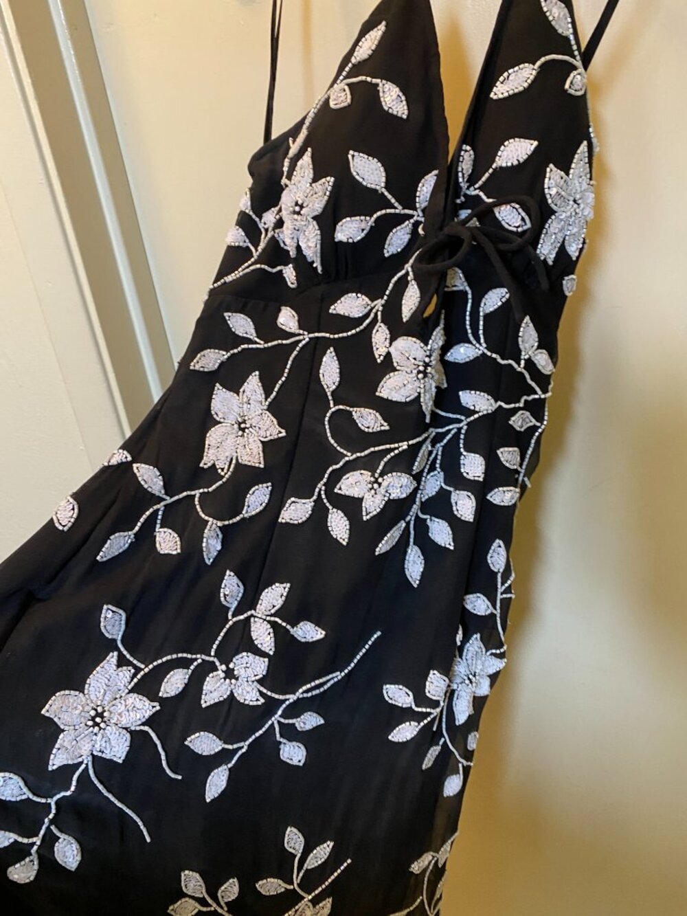 Cache 100% Silk Beaded Floral Handkerchief Hem Evening Dress Medium